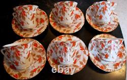 Vintage Set 6 ROYAL GRAFTON'ASHLEY RED' Tea Cups & Saucers ENGLAND Bone China