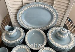 Vintage Wedgwood Embossed Queensware Blue and White Service for 8 + Serving Piec