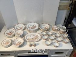 Vintage furnivals quail 1913 brown & white transfer ware 56 piece set