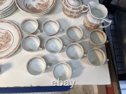 Vintage furnivals quail 1913 brown & white transfer ware 56 piece set