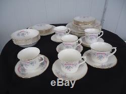 Vintage queen anne dinner tea set for 6 pink & blue h 97 2 bone china England