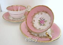 Vtg 1930s AYNSLEY Pair of 2 Tea Cup Saucer Set Pink Gold Rose Bone China England