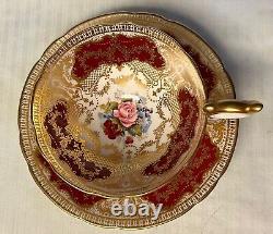 Vtg Aynsley England Red with Gold Cabbage Rose Teacup and Saucer Set JA Bailey