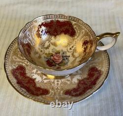 Vtg Aynsley England Red with Gold Cabbage Rose Teacup and Saucer Set JA Bailey