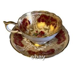 Vtg Aynsley England Red with Gold Cabbage Rose Teacup and Saucer Set JA Bailey