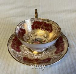 Vtg Aynsley England Red with Gold Cabbage Rose Teacup and Saucer Set JA Bailey