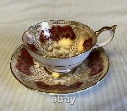 Vtg Aynsley England Red with Gold Cabbage Rose Teacup and Saucer Set JA Bailey