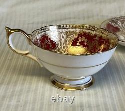 Vtg Aynsley England Red with Gold Cabbage Rose Teacup and Saucer Set JA Bailey