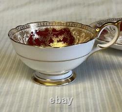 Vtg Aynsley England Red with Gold Cabbage Rose Teacup and Saucer Set JA Bailey