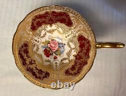 Vtg Aynsley England Red with Gold Cabbage Rose Teacup and Saucer Set JA Bailey