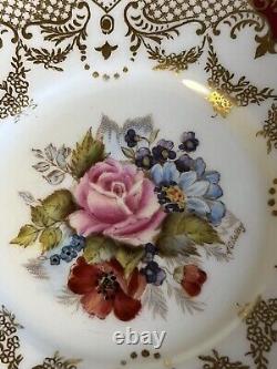 Vtg Aynsley England Red with Gold Cabbage Rose Teacup and Saucer Set JA Bailey