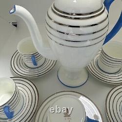 Wedgwood Bone China England Demitasse Cup Saucer Set Striped Platinum Blue