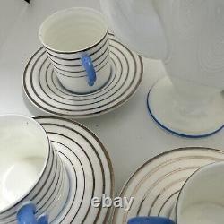 Wedgwood Bone China England Demitasse Cup Saucer Set Striped Platinum Blue