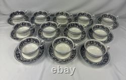Wedgwood Florentine Marine Blue Set of 12 Tea Cups & Saucers Fine Bone China