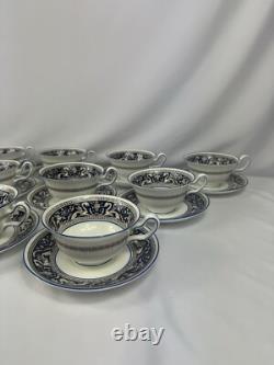 Wedgwood Florentine Marine Blue Set of 12 Tea Cups & Saucers Fine Bone China