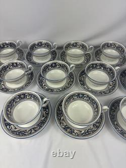 Wedgwood Florentine Marine Blue Set of 12 Tea Cups & Saucers Fine Bone China