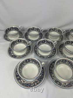 Wedgwood Florentine Marine Blue Set of 12 Tea Cups & Saucers Fine Bone China