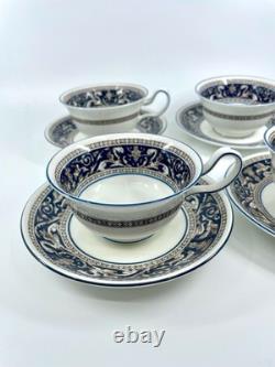 Wedgwood Florentine W1956 Blue Navy Cup & Saucer Set of 4 Bone China England