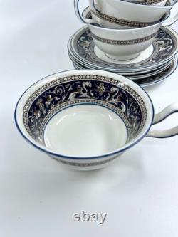 Wedgwood Florentine W1956 Blue Navy Cup & Saucer Set of 4 Bone China England