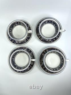 Wedgwood Florentine W1956 Blue Navy Cup & Saucer Set of 4 Bone China England