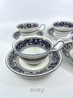 Wedgwood Florentine W1956 Blue Navy Cup & Saucer Set of 4 Bone China England