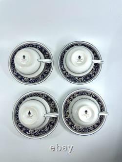 Wedgwood Florentine W1956 Blue Navy Cup & Saucer Set of 4 Bone China England