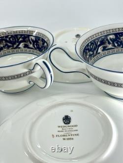Wedgwood Florentine W1956 Blue Navy Cup & Saucer Set of 4 Bone China England