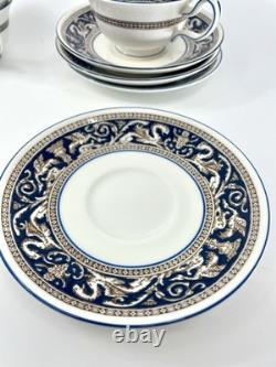 Wedgwood Florentine W1956 Blue Navy Cup & Saucer Set of 4 Bone China England