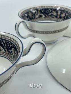 Wedgwood Florentine W1956 Blue Navy Cup & Saucer Set of 4 Bone China England