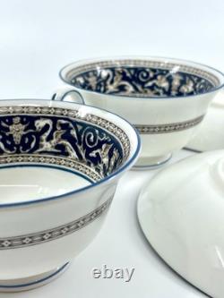 Wedgwood Florentine W1956 Blue Navy Cup & Saucer Set of 4 Bone China England