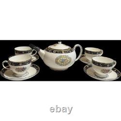 Wedgwood Runnymede Blue Teapot 4 Teacups Saucers Set W4472 Bone China England